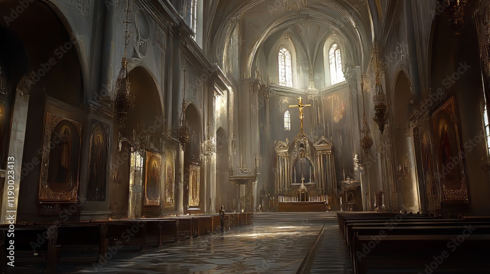 Fototapeta premium Sunlit interior of a grand cathedral