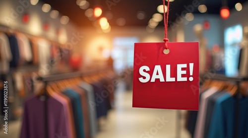 Red Sale Tag Hanging in a Modern Retail Store Interior photo