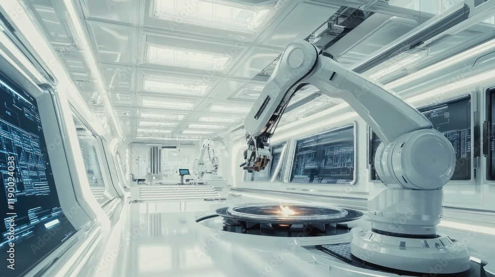 High-tech casting facility with robotic arms handling molten materials, futuristic lighting and precision 