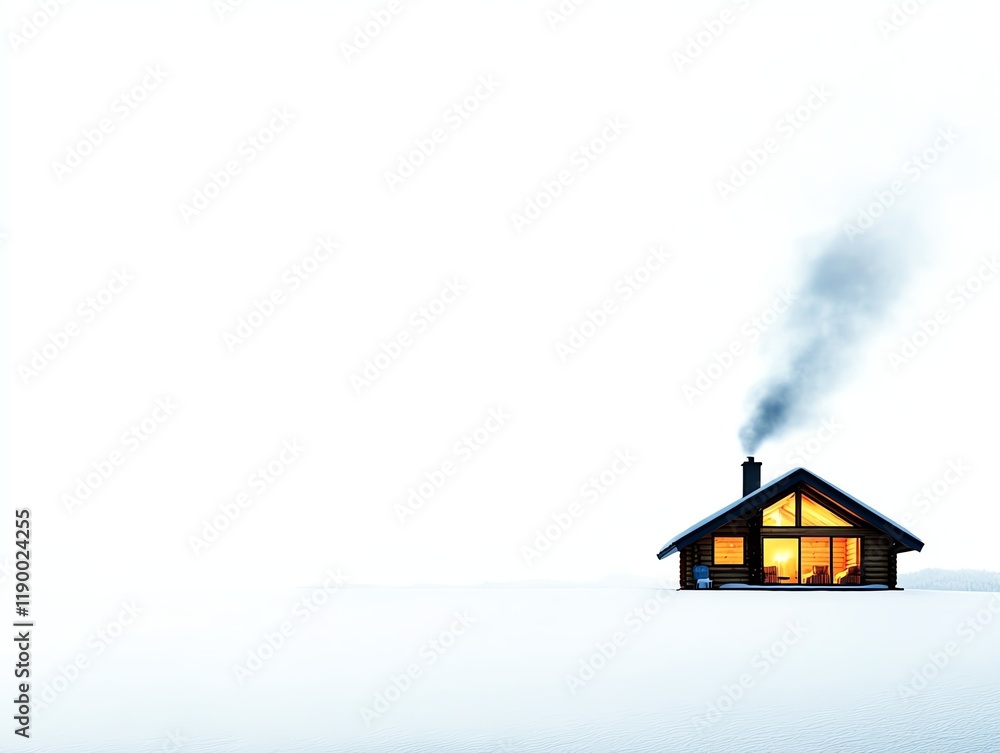 A cozy cabin lit up at dusk during a snow holiday, smoke rising from the chimney, nestled in snow, isolated on white background A cozy cabin lit up at dusk during a snow holiday, smoke rising from the chimney, nestled in snow, isolated on white background