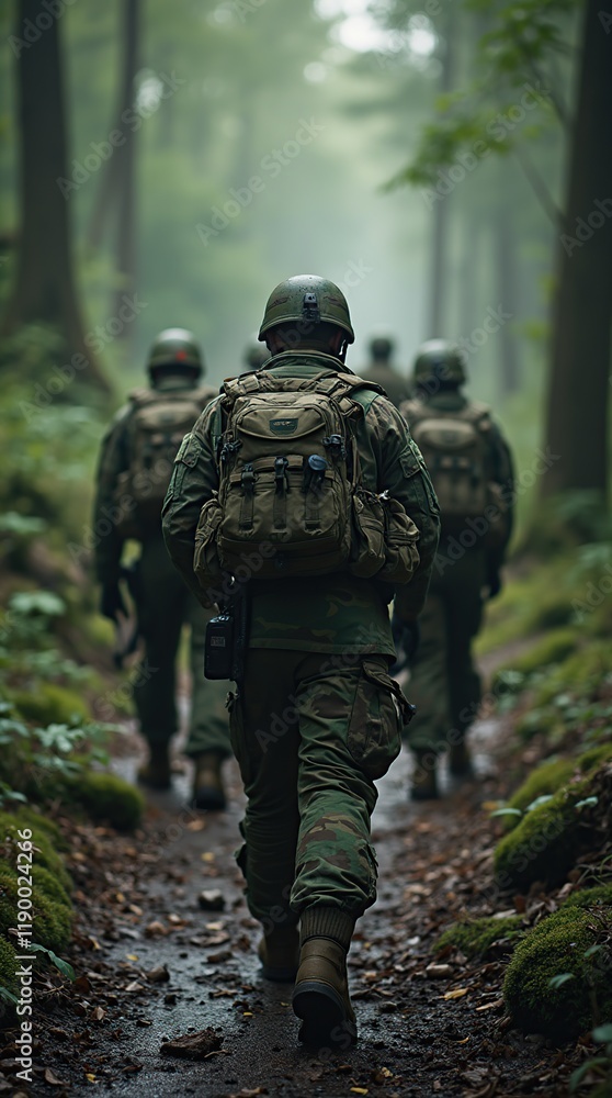 Fototapeta premium Group of Soldiers Marching Through a Dense Forest in Camouflage Gear