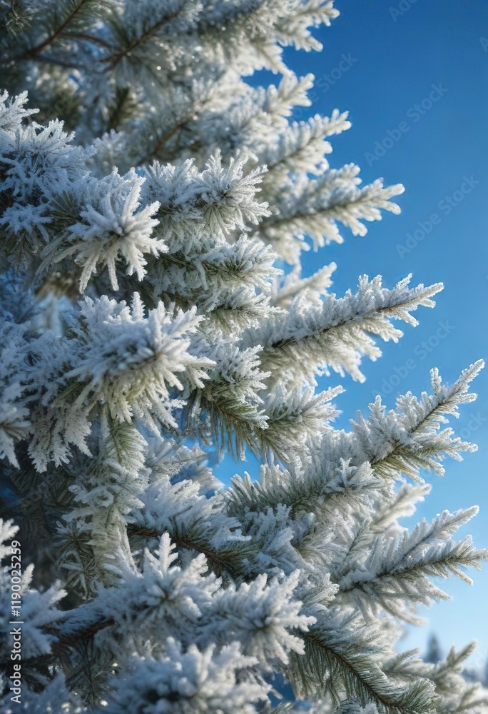 Snowflakes gently fall on the branches of a beautiful, frosted Christmas tree against a clear blue sky, snowflakes falling, evergreen tree
