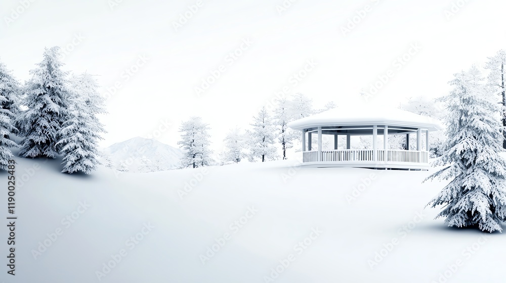 Naklejka premium A snowcovered gazebo in a snow mountain resort, intricate design, surrounded by pine trees, isolated on white background