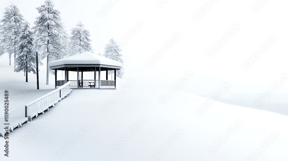 A snowcovered gazebo in a snow mountain resort, intricate design, surrounded by pine trees, isolated on white background A snowcovered gazebo in a snow mountain resort, intricate design, surrounded by pine trees, isolated on white background