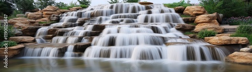 Serene Waterfall Cascading Over Rocks in a Lush Garden Setting Surrounded by Vibrant Flora