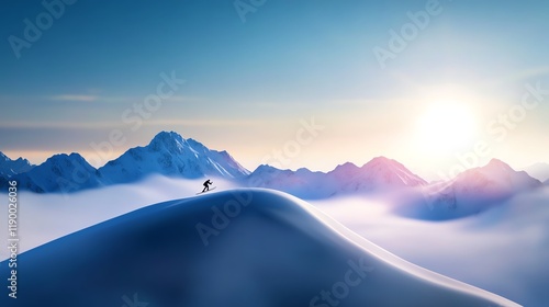 Alpine ski jump, skier midflight above snowy peaks, thrilling winter sports moment, 3D illustration photo