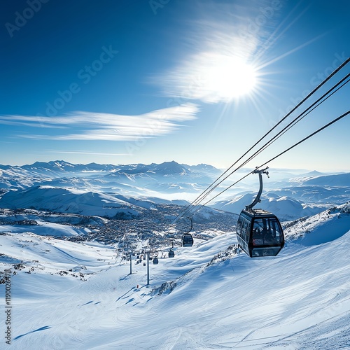 Cable cars ascending above snowy slopes, offering a bird seye view of a busy mountain resort and breathtaking winter scenery photo