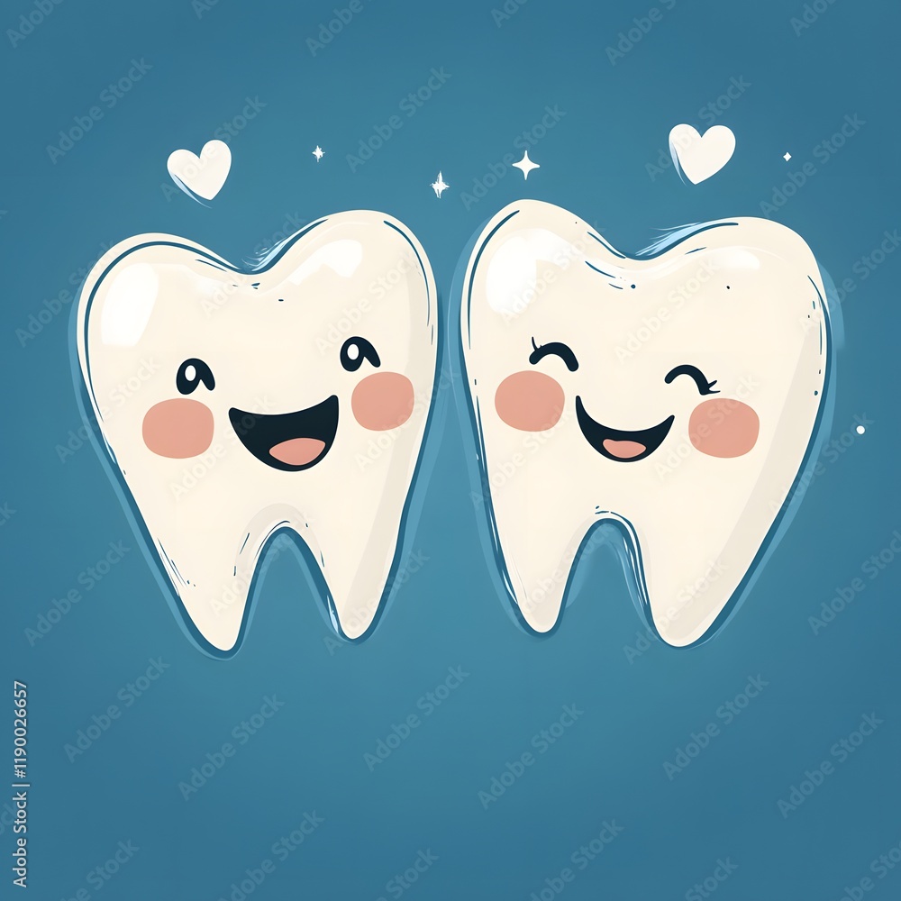 Two happy cartoon teeth with hearts. Two happy cartoon teeth with hearts.
