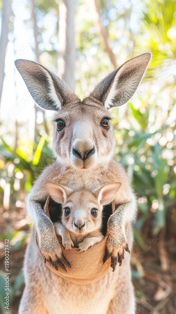 Fototapeta premium Mother Kangaroo Protecting Her Joey In Pouch