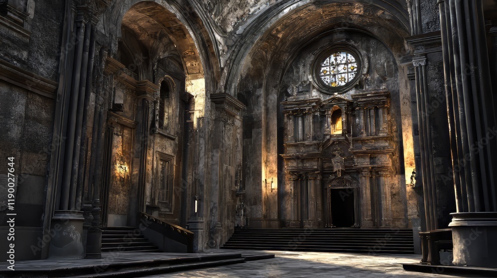 Obraz premium Ruined church interior, sunlight streams in