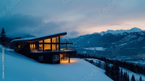 Luxurious skiin, skiout chalet perched on a hill, with skiers passing by and panoramic views of a snowy mountain backdrop photo