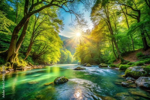Sunlit Forest River: Scenic Landscape Photography