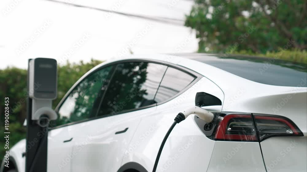 Electric vehicle technology utilized to residential area or home charging station for EV car battery recharge. Eco-friendly transport by clean and sustainable energy for future environment. Fastidious Electric vehicle technology utilized to residential area or home charging station for EV car battery recharge. Eco-friendly transport by clean and sustainable energy for future environment. Fastidious