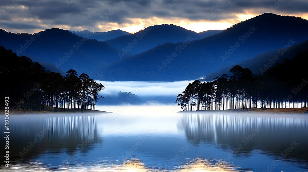 Fototapeta premium Misty sunrise lake, mountain reflection, calm waters, travel poster.