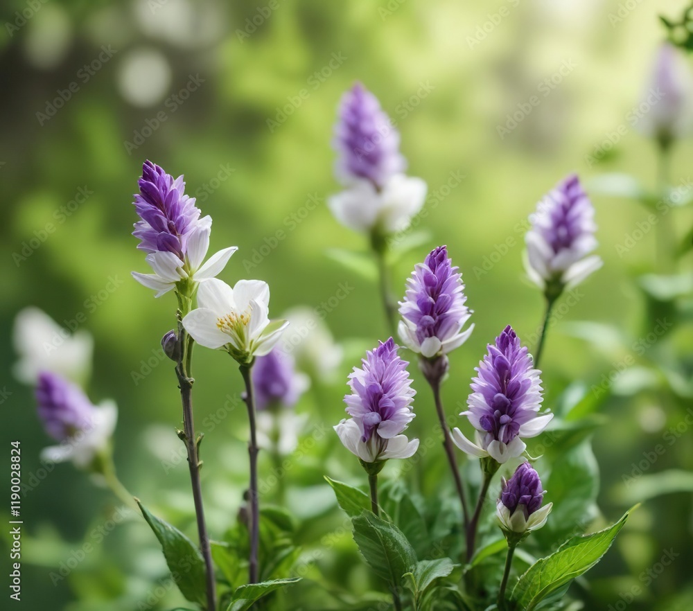 Soft focus image of purple and white flower buds against a blurred green backdrop, botanical, soft focus, blooming Soft focus image of purple and white flower buds against a blurred green backdrop, botanical, soft focus, blooming