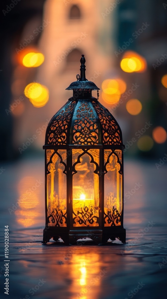 A beautifully crafted lantern glowing warmly in a blurred, atmospheric street setting. A beautifully crafted lantern glowing warmly in a blurred, atmospheric street setting.