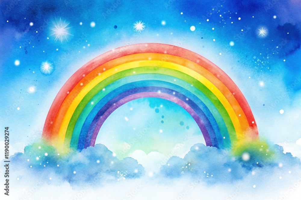 Watercolor Rainbow Sky Background - Blue Sky, White Dots, Colorful Rainbow Watercolor Rainbow Sky Background - Blue Sky, White Dots, Colorful Rainbow