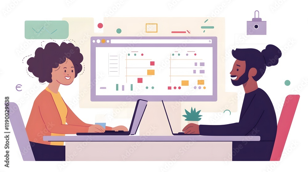 Business Colleagues Engaged in Project Review at Modern Office Workspace with Laptops and Interactive Digital Displays