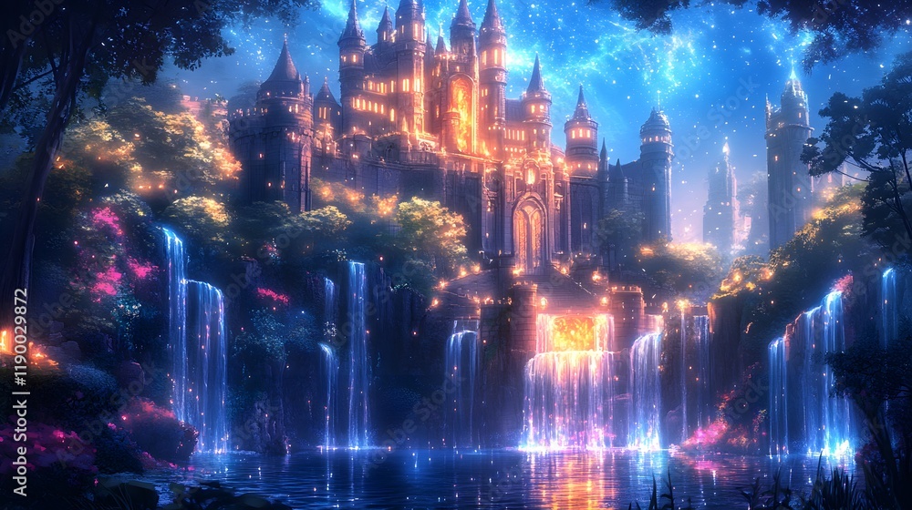 Naklejka premium A magical castle illuminated by starlight amidst cascading waterfalls.