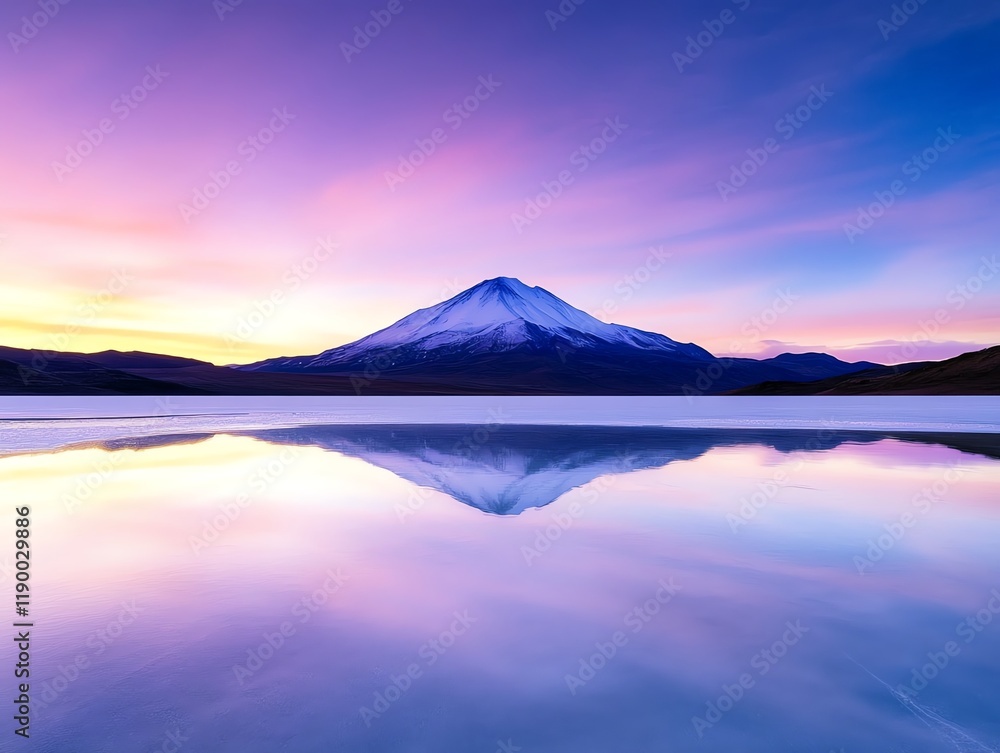 Snowy mountain reflected perfectly in a still, frozen lake, with vibrant sunset colors blending in the horizon Snowy mountain reflected perfectly in a still, frozen lake, with vibrant sunset colors blending in the horizon