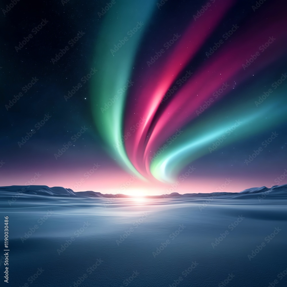 Fototapeta premium Winter twilight, vibrant auroras dancing over a snowy field, artistic framing, 3D illustration