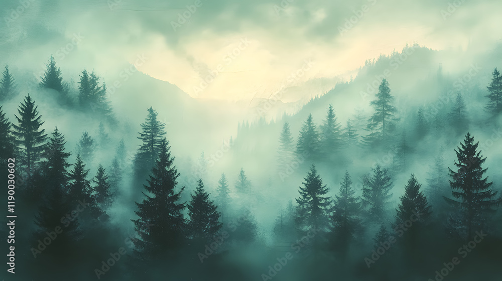 A misty landscape showcasing a fir forest in a vintage retro style.