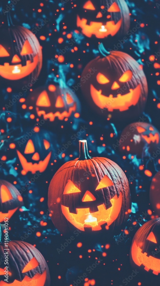 A collection of glowing jack-o'-lanterns creates a spooky Halloween atmosphere. A collection of glowing jack-o'-lanterns creates a spooky Halloween atmosphere.