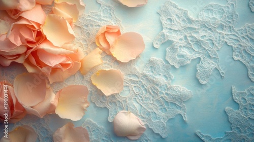 Peach Rose Petals on Lacy Blue Background photo