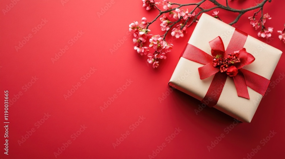A beautifully wrapped gift box with a decorative bow and cherry blossom branches on a red background. A beautifully wrapped gift box with a decorative bow and cherry blossom branches on a red background.