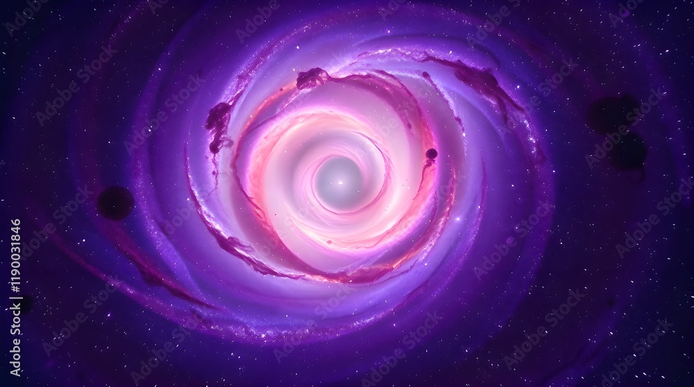 Naklejka premium A tight close-up of a spiral galaxy, deep ultraviolet hues, cosmic swirl of stars and nebulae, vivid purples, high contrast, detailed focus, sharp image