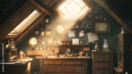 Wallpaper Mural Cozy vintage attic workspace with warm lighting and wooden furnishings. Torontodigital.ca