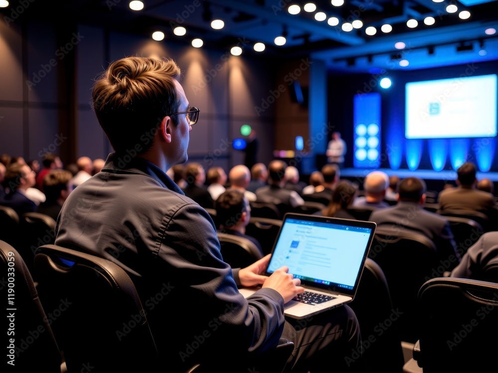 Obraz premium Attentive Man Working on Laptop at Conference Business Seminar Audience