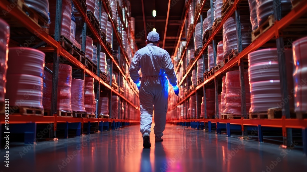 Obraz premium A person in protective clothing walks through a brightly lit warehouse, surrounded by stacked containers on shelves.