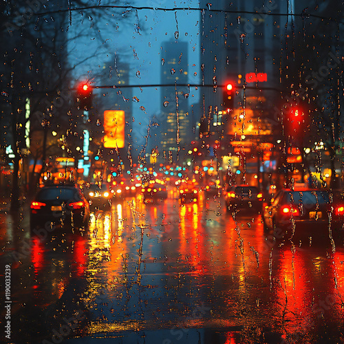 A rainy city street viewed through a car window with raindrops photo