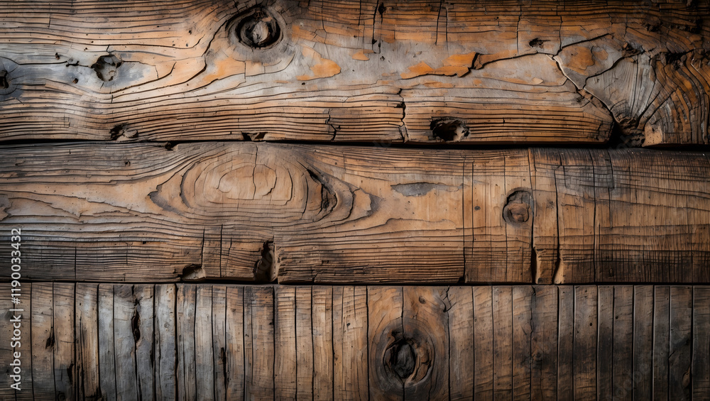 Obraz premium Weathered teak wood planks with natural grain texture suitable for backgrounds, textures, construction projects, rustic designs, and woodworking themes