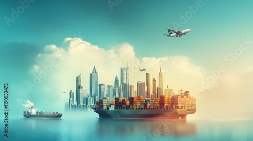 Global Trade and Transportation: A Modern Metropolis Skyline with Cargo Ships and Airplanes