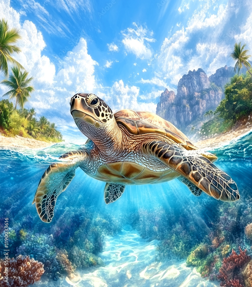 Obraz premium A turtle is swimming in the ocean with the sun shining on it. The scene is peaceful and serene