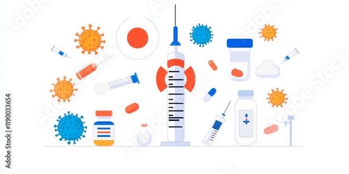 Virus with Bullseye Dart Pattern Targeted by Syringe, Surrounded by Other Viruses, Representing Precision in Virus Treatment or Targeting.