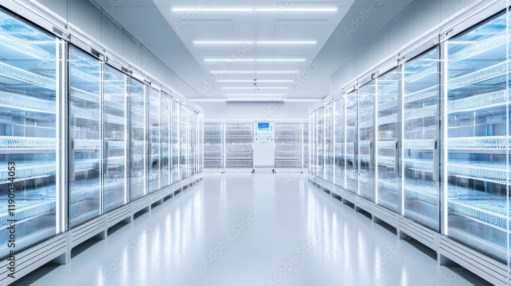 Fototapeta premium A modern, spacious commercial freezer aisle featuring tall glass doors, illuminated shelves, and a sleek, clean design.