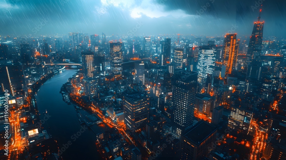 Fototapeta premium A vibrant urban skyline illuminated under rain at night featuring glowing buildings.