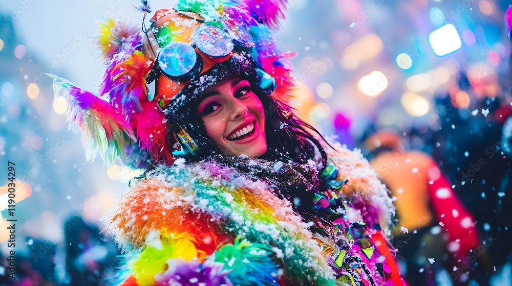 Fototapeta premium Woman in vibrant snow festival costume smiles, snowy city background