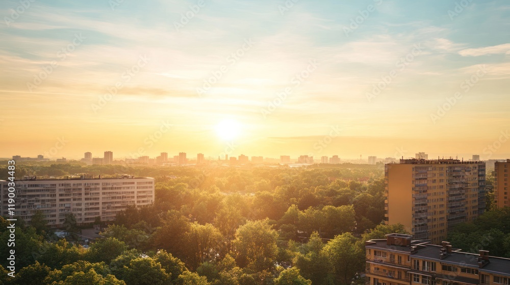 Obraz premium Golden Hour Cityscape: Sunrise Over Urban Landscape
