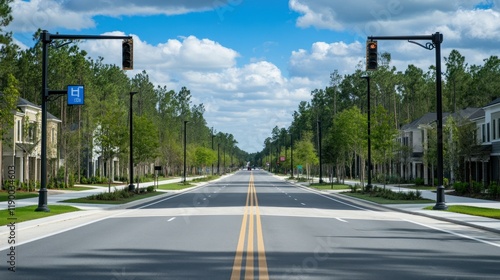 Wallpaper Mural Suburban street scene with traffic lights, lined with houses and trees under a partly cloudy sky. Torontodigital.ca