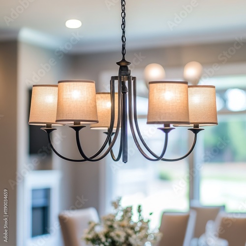 Elegant Five-Light Chandelier Illuminating a Modern Dining Room photo