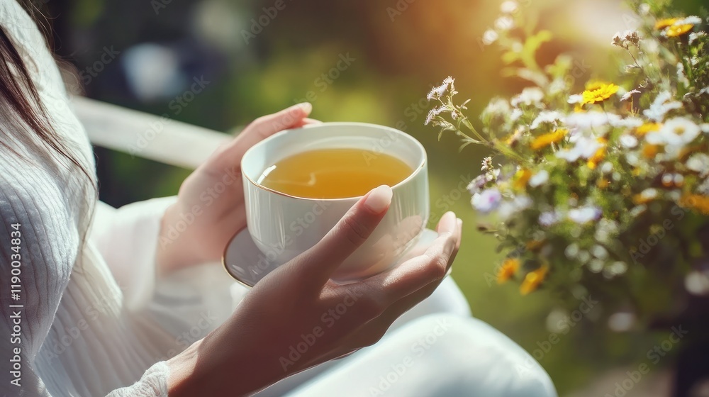 Serene Moment: Woman Enjoying a Warm Cup of Herbal Tea in a Sunny Garden Serene Moment: Woman Enjoying a Warm Cup of Herbal Tea in a Sunny Garden
