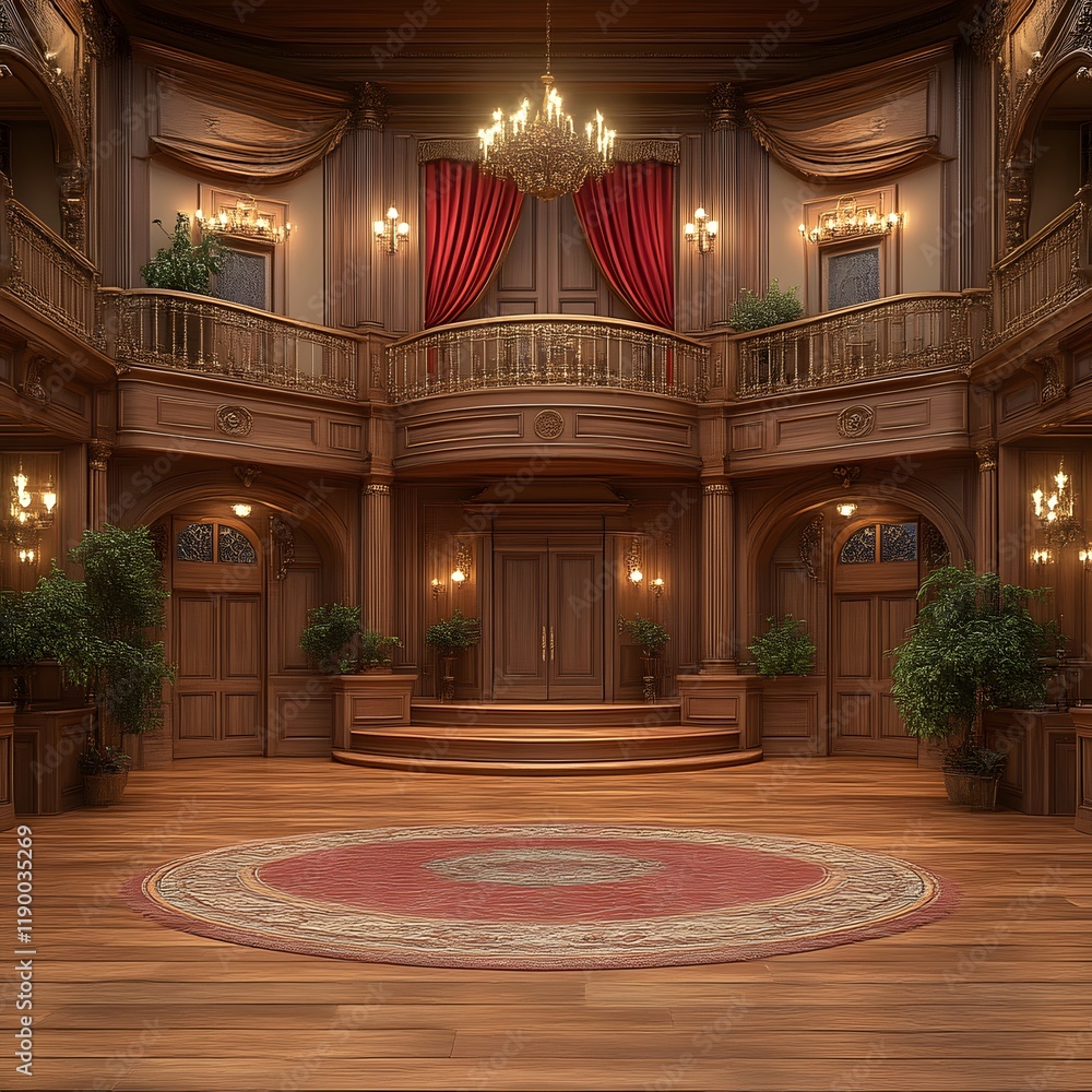 Obraz premium Grand wooden interior with balcony, chandelier, and red carpet.