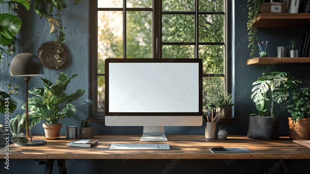 a modern home workspace with a white screen pc computer mockup on a hardwood des a modern home workspace with a white screen pc computer mockup on a hardwood des