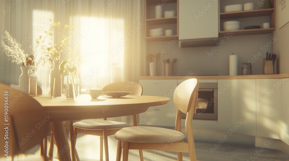 Sunlit Kitchen Interior: Modern Minimalist Design with Wooden Dining Set Sunlit Kitchen Interior: Modern Minimalist Design with Wooden Dining Set
