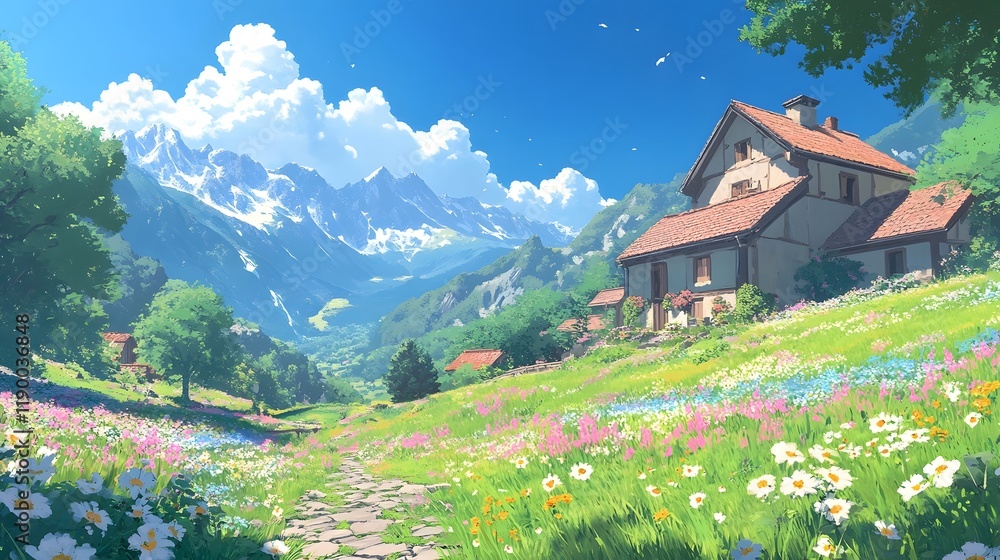 Fototapeta premium A quaint cottage in a vibrant meadow, surrounded by majestic mountains and clear skies.