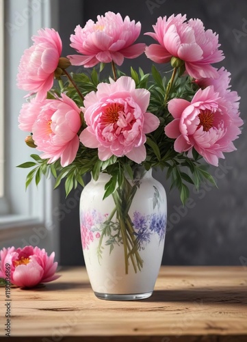 Wallpaper Mural Watercolor peony flowers in a vase on a wooden table, natural style, garden fresh, rustic charm, flower bouquet, garden decor Torontodigital.ca